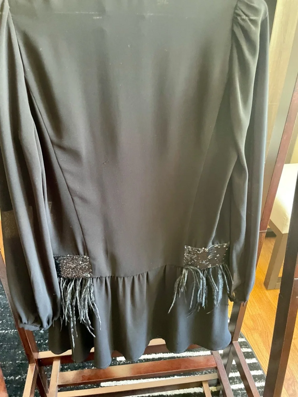 Italy Designer Black Silk Mini Dress | Sequin & Feather Detail | S - Picture 3 of 6